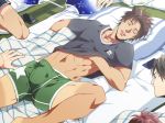  abs blanket boxer brown_hair bulge erection fan izumi_nekotsuki male_focus mattress original pillow saliva shirt_lift sleeping text wasukoro 