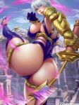  1girl alluring armor artist_name ass big_ass big_breasts blue_eyes breasts caucasian dat_ass from_behind gloves hair_over_one_eye holding_weapon isabella_valentine ivy_valentine kinkamashe looking_at_viewer looking_back mechanical_arm non-nude one-piece_thong pawg revealing_clothes sexy short_hair sideboob silver_hair skin_tight slut soul_calibur standing stockings thick_thighs thigh_strap uniform weapon wide_hips 