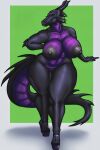  1girl big_ass big_breasts black_skin dragon horns joshua_jackson_(artist) milf platform_shoes purple_skin reptile seductive tail xartknight 