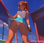  1girl ai_generated happy red_hair tan_line tan_skin tanned tennis_racket tennis_uniform young 