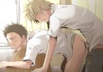  2boys anal anal_sex artist_request ass bent_over blonde_hair blush bottomless boys brown_hair classroom closed_eyes cum cum_in_ass desk doggystyle erection gay hair human male male_focus male_only multiple_boys on_desk painal partially_clothed penis precum rape saliva school school_uniform sex tears undressing uniform yaoi 