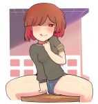  1girl bete_noire betty_noire brown_hair female_only glitchtale hasso_(artist) legs red_eyes red_hair short_hair short_pants tongue tongue_out undertale_au 