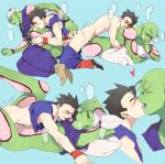  2boys alien anal blue_background blush dragon_ball gay green_skin human humanoid interspecies kiss male male_focus male_only multiple_boys multiple_views muscle partially_clothed penis piccolo pinki_(shounenkakuseiya) sex son_gohan yaoi 