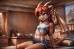 1girl ai_generated bed bedroom breasts dragon_girl dragon_wings female_only furry furry_female furry_only horns nipples nipples_visible_through_clothing no_sex red_eyes red_hair sleepwear tail talking_to_another wings