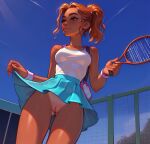  1girl ai_generated happy red_hair tan_line tan_skin tanned tennis_racket tennis_uniform young 
