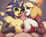 ai_generated animal_crossing ankha_(animal_crossing) blonde_fur blonde_hair blue_hair bracelet brown_nipples cat_tail choker dark_blue_hair double_paizuri egyptian egyptian_eyeliner goth goth_girl gothic_girl grabbing_own_breast isabelle_(animal_crossing) jingle_bell licking_penis lipstick looking_at_viewer male/female nipples nude nude_male paizuri pink_nipples pov red_eyes semi_nude