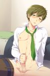  1boy abs arm_support bed belt blanket blush cum dress_shirt free! funikurikurara gay green_eyes highres human male male_focus male_only masturbation necktie nipples open_clothes open_mouth open_shirt pants_around_one_leg partially_clothed penis pillow precum shirt sitting solo sweat tachibana_makoto testicles toned yaoi 