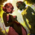  2_girls ai_generated brown_hair elf_ears elf_female fair-skinned_female forest fully_clothed goblin_female green_eyes green_skin jambou light-skinned_female light_skin looking_at_viewer looking_down nature pornpen.ai seductive_smile 