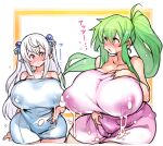 2_girls 2girls blue_towel blush breast_milk breasts collarbone curvy elf eye_contact female_focus gigantic_breasts green_hair hand_on_own_chest huge_breasts lactating lactation lactation_through_clothes lactation_without_expressing leaking_milk looking_at_another milk multiple_girls naked_towel original pink_towel pointy_ears red_eyes sachito standing sumi-chan_(sachito) thick_thighs thighs towel towel_only twintails white_hair wide_hips yellow_eyes