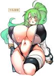  1girl breasts english_text female_focus female_only functionally_nude green_hair huge_breasts leotard long_hair navel open_clothes open_leotard open_mouth original police police_uniform policewoman ponytail sachito simple_background solo standing sumi-chan_(sachito) thick_thighs thighs uniform wide_hips 