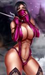  1_girl 1girl big_breasts black_hair breasts cleavage elbow_gloves female female_only flowerxl lingerie looking_at_viewer mask midway_games mileena mortal_kombat revealing_clothes solo standing stockings sword thighs uniform 