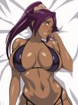 1girl alluring amber_eyes bare_legs big_breasts bikini bleach cleavage on_bed pin_up purple_hair shihouin_yoruichi under_boob yoruichi_shihouin yxyyxy 