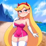  beach big_breasts blonde_hair blue_eyes cats62 cleavage dress fake_horns headband long_hair star_butterfly star_vs_the_forces_of_evil stockings thick_thighs wide_hips 