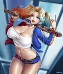  1girl artist_logo artist_signature baseball_bat batman_(series) blonde_hair breasts cleavage curvy curvy_female dc_comics detailed_background deviantart_username female_focus female_only fishnet_pantyhose flowerxl hand_on_weapon harley_quinn horns_pose hot_pants hotpants hourglass huge_breasts jacket makeup pale-skinned_female ponytail purple_and_pink_nails purple_pants red_and_blue solo_female suicide_squad tongue_out weapon white_topwear 