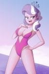  1girl breasts diamond_tiara diamond_tiara_(mlp) female female_only friendship_is_magic humanized looking_at_viewer mostly_nude my_little_pony one-piece_swimsuit open_mouth outdoor outside solo standing swimsuit tiara zelc-face 