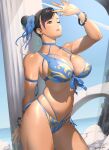  1girl 1girl 1girl artist_name asian asian_female big_breasts big_breasts big_breasts bikini black_hair blue_nails blue_sky bracelet bracelets breasts capcom choker chun-li cleavage clothed clothed_female clothes clothing colored_nails curvaceous curves curvy curvy_female curvy_figure dark_hair day eyelashes eyeshadow female_focus female_only flower flower_in_hair fully_clothed hair huge_breasts human human_only kotoyoshi_yumisuke legs light-skinned_female light_skin long_hair makeup mature mature_female nail_polish navel not_furry one_eye_closed outside outside painted_nails pink_lips revealing_clothes shadow shadows side-tie_bikini signature simple_background sky solo_female solo_focus spiked_bracelet standing street_fighter swimsuit tan tan_line tan_skin thick thick_thighs thighs thin_waist uncensored video_game_character video_game_franchise voluptuous wink wristband yellow_eyes 