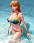  1girl bangle bikini blinking bracelet breasts cleavage female female_only iury_padilha jewelry large_breasts light-skinned_female light_skin long_hair looking_at_viewer nami navel necklace ocean one_eye_closed one_piece orange_hair rainbow_pattern redhead solo swimsuit tattoo wading wide_hips wink 