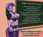 2014 anthro breasts chalkboard clothing corset crotchless_panties eggonaught english_text equine eyewear fall_of_equestria female friendship_is_magic furry glasses hair horn legwear looking_at_viewer mammal my_little_pony neck_tie nipple_piercing nipples panties piercing purple_eyes purple_hair pussy severed_horn standing stick stockings text twilight_sparkle underwear winged_unicorn wings