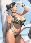 1girl 1girl 1girl artist_name asian asian_female big_breasts big_breasts big_breasts bikini black_hair blue_nails blue_sky bracelet bracelets breasts capcom choker chun-li cleavage clothed clothed_female clothes clothing colored_nails curvaceous curves curvy curvy_female curvy_figure dark_hair day eyelashes eyeshadow female_focus female_only flower flower_in_hair fully_clothed hair huge_breasts human human_only kotoyoshi_yumisuke legs light-skinned_female light_skin long_hair makeup mature mature_female nail_polish navel not_furry one_eye_closed outside outside painted_nails pink_lips revealing_clothes shadow shadows side-tie_bikini signature simple_background sky solo_female solo_focus spiked_bracelet standing street_fighter swimsuit tan tan_line tan_skin thick thick_thighs thighs thin_waist uncensored video_game_character video_game_franchise voluptuous wink wristband yellow_eyes 