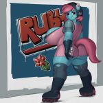  2014 anthro ass big_breasts blue_body breasts cleavage clothed clothing english_text equine female furry hair helmet holding horse kevinsano looking_at_viewer mammal my_little_pony original_character panties pony ruby_blossom skates solo spray_can standing text underwear 