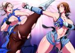 2_girls absurd_res armpits bare_shoulders belt big_breasts black_hair blue_dress blush boots bracelet breasts brown_eyes brown_hair bun_cover cameltoe capcom china_dress chinese_clothes chun-li cleavage cleft_of_venus collarbone cross-laced_footwear crotch_seam double_bun dress fighting_stance fingerless_gloves flying_sweatdrops gloves high_res jewelry kanta_(k_n_t_r_o) kazama_asuka kicking looking_at_viewer multiple_girls navel no_panties open_belt open_mouth panties pantyhose parted_lips pelvic_curtain pink_panties punching short_hair skirt spiked_bracelet spikes street_fighter street_fighter_x_tekken sweat tekken torn_clothes torn_dress torn_legwear torn_skirt unbuckled unbuttoned under_boob underwear unzipped white_footwear zipper 