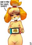 1girl 2019 animal_crossing anthro blush breasts canid canine canis dialogue domestic_dog english_text furry high_res holding_object isabelle_(animal_crossing) looking_at_viewer mammal navel nintendo nintendo_switch nipples nude pussy shih_tzu signature simple_background smile talking_to_viewer text toy_dog video_games white_background zero-sum 