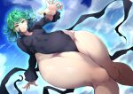  cameltoe cameltoe curvy dress floating green_eyes green_hair looking_at_viewer muscular_thighs nuezou one-punch_man psychic short_hair sky small_breasts tatsumaki thick_thighs wide_hips 