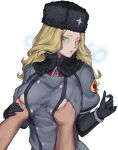  1boy 1girl absurd_res big_breasts black_gloves blonde_hair blue_eyes blush breast_grab breasts breath buttons clothing eyelashes fur_collar fur_hat gloves grab hands_under_clothes hat high_res kolin kumiko_(aleron) long_hair looking_at_viewer one_eye_closed parted_lips pov simple_background solo_focus street_fighter street_fighter_v sweatdrop upper_body ushanka white_background 