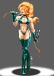  1girl :p bare_shoulders big_hair blonde_hair blue_legwear boots breasts brenda_(captain_commando) capcom captain_commando cleavage collarbone feitie fingerless_gloves fngernails gloves grey_background hair_over_one_eye high_heel_boots high_heels high_res highres hips latex legs legwear light_smile long_hair looking_at_viewer midriff nail nails navel ponytail scrap_iron shiny solo stockings thigh_boots thigh_high_boots thighhighs tongue tongue_out 
