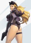  1girl alternate_costume ass beckoning belt_pouch big_ass black_gloves blonde_hair blue_eyes breasts curvy dat_ass gloves goggles goggles_on_head gun handgun headset hips holding_weapon holster kolin large_ass lips long_hair looking_at_viewer low_ponytail medium_breasts night_vision_goggles noppo_(tarstation) nose pistol ponytail skin_tight small_breasts street_fighter street_fighter_v thick_thighs thigh_holster thighs trigger_discipline unitard vest weapon wide_hips 