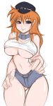 1girl bad_anatomy bangs bare_shoulders big_breasts black_eyes blush breasts capcom collar cowboy_shot cutoffs denim denim_shorts final_fight hair_between_eyes hands_on_hips hat light_smile long_hair looking_at_viewer midriff naughty_face navel no_bra orange_hair peaked_cap roxy roxy_(final_fight) short_shorts shorts simple_background sketch slender_waist smile solo standing street_fighter tank_top thick_thighs thigh_gap thighs under_boob white_background