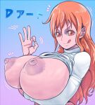  1girl 1girl big_areola big_breasts big_breasts big_nipples breasts breasts_out breasts_outside d-art erect_nipples female_focus female_only huge_breasts looking_at_viewer looking_away nami nipples ok_sign one_piece orange_eyes orange_hair shounen_jump tongue_out 