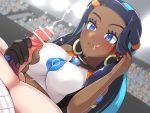  1boy 1girl alternate_breast_size ambiguous_gender audience being_watched big_breasts blue_eyes blush boris_(noborhys) bottomless breasts clothed cum dark-skinned_female dark_skin ejaculation eyeshadow gloves handjob human interracial licking_lips long_hair makeup male male_pov nessa_(pokemon) nintendo penis pokemon pokemon_ss pov public shirt smile solo_focus straight tongue tongue_out 