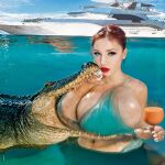   1girl 3d ai_assisted ai_generated alligator beach big_breasts big_breasts big_breasts bite bra breastfeeding breasts crocodile female_only juice massive_breasts milf realistic sea ship sky summer water zoophilia
