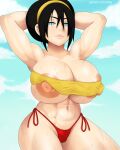  1girl abs aged_up alternate_breast_size areola armpits arms_up ass avatar:_the_last_airbender barefoot belly big_ass big_breasts big_nipples bikini black_hair blind blue_eyes breasts bursting_breasts cleavage earth_kingdom erect_nipples erect_nipples_under_clothes eye_contact female_only grin hair hairband half-closed_eyes hands_behind_head hourglass_figure huge_ass huge_breasts human large_areola large_areolae large_ass looking_at_viewer midriff muscular muscular_female navel nickelodeon nipple_slip nipples pose short_hair smile text thick_thighs toph_bei_fong ttrop under_boob url watermark wet wide_hips 