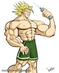  1boy bara blonde broly earring gay human male male_only muscle partially_clothed shirtless shorts yaoi 
