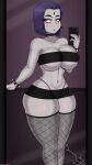  1girl 1girl 1girl big_breasts blush breasts choker dc_comics drunkavocado female_focus female_only fishnet_stockings goth half-closed_eyes huge_breasts miniskirt phone purple_eyes purple_hair raven_(dc) selfpic short_hair skirt standing teen_titans thick_thighs thong voluptuous wide_hips 