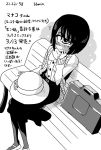  1girl bench black_hair blush briefcase cyclops hair hand_on_own_cheek hat hat_removed headgear headwear_removed long_sleeves manako monochrome monster_girl monster_musume_no_iru_nichijou one-eyed shake-o sitting skirt solo sun_hat tears text timestamp translation_request 
