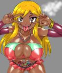  1girl a_channel armband belly_piercing big_breasts blonde_hair body_writing breasts brown_eyes cigarette dark_skin double_v erect_nipples eyeshadow female ganguro getter grey_background heart heart-shaped_pupils huge_breasts jewelry kitsune-tsuki_(getter) large_breasts lipstick long_hair looking_at_viewer makeup nail_polish navel navel_piercing necklace nipples nishi_yuuko open_mouth piercing purple_nails simple_background skirt smoke solo standing symbol-shaped_pupils tan teeth tongue tongue_out tongue_piercing v 