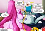 adventure_time areolae big_breasts breasts dialogue female finn_the_human huge_breasts human inside jake_the_dog male mammal marceline nude princess_bubblegum standing sweat text vampire witchking00