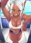  1girl abs absurd_res alluring athletic_female big_breasts breasts bunny_ears castell eye_contact female_abs fit_female grinning gym_shorts high_resolution long_hair looking_at_viewer minishorts miruko my_hero_academia rumi_usagiyama shorts sports_bra standing thick_thighs thighs white_hair 