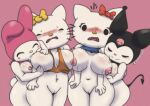 1girl 2021 aeonspassed anthro areola asymmetrical_breast_frottage blush breast_squish breasts breasts_frottage closed_eyes clothing digital_media_(artwork) domestic_cat felid feline felis female/female fingers furry group hello_kitty hello_kitty_(character) mammal navel nipples open_mouth sanrio simple_background smile squish