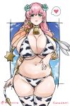  1girl 1girl 1girl alternate_costume animal_print artist_name bell bikini blonde_hair blue_flower blue_rose blush breasts cleavage commentary_request commission cow_print cow_tail earrings fake_tail female_only fire_emblem fire_emblem_heroes flower gradient_hair gunnthra_(fire_emblem) hair_flower hair_ornament heart high_res huge_breasts jewelry looking_at_viewer momoiro_tunozemi multicolored_hair navel neck_bell nintendo pink_hair rose skeb_commission stockings stomach swimsuit tail thighs twitter_username two-tone_hair under_boob 