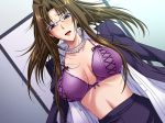 1girl big_breasts black_rainbow blush bra breasts brown_hair cleavage game_cg glasses jewelry large_breasts long_hair lying navel necklace open_clothes open_mouth open_shirt purple_bra purple_eyes shirt skirt solo soukan_yuugi_2 underwear