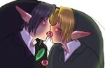  2_boys art artist_request blush cherry closed_eyes dark_link dark_persona dual_persona earrings food fruit hat kissing link male multiple_boys nintendo ocarina_of_time open_mouth pointy_ears saliva shared_food tagme the_legend_of_zelda tongue yaoi 