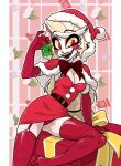  1girl 1girl breasts centinel303 charlie_morningstar_(hazbin_hotel) christmas christmas_outfit cleavage grin hazbin_hotel red_eyes smile tana twitter 