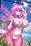 1girl absurd_res ahoge anthro big_breasts blue_eyes breasts canid canine canis digital_media_(artwork) fence fur furry genitals hair high_res long_hair looking_at_viewer mammal mariah_veiethe nails navel nipples nitricacid nude open_mouth original pink_body pink_fur purple_hair pussy tongue tongue_out wings