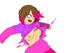 1girl 2d annoyed_expression bete_noire betty_noire breasts brown_hair color cut destroyed_clothing dodging glitchtale nipples pink_eyes pink_hair pink_shirt purple_shirt torn_clothes undertale_au white_background yellowartist