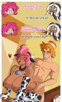  1boy 3girls big_breasts breasts carrot_cake comic cow_girl cow_suit cowbell dark_skin friendship_is_magic husband_and_wife megasweet milf mrs._cake multiple_girls my_little_pony nipples panties pinkie_pie stockings sweat zecora 