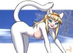  areola blue_eyes breasts cute dr_comet female furry kneel looking_at_viewer nude outside smile solo tail tongue tongue_out white_fur 